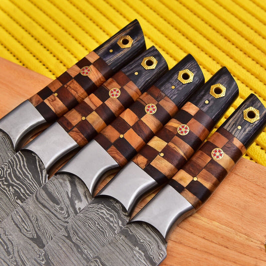 Handmade Damascus Steel Chef Knife Set | 5-Piece Kitchen Knives with Wood Handles & Leather Sheath