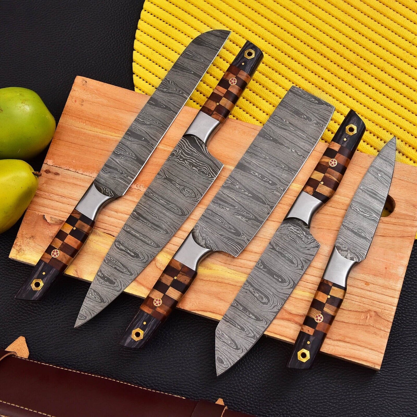 Handmade Damascus Steel Chef Knife Set | 5-Piece Kitchen Knives with Wood Handles & Leather Sheath