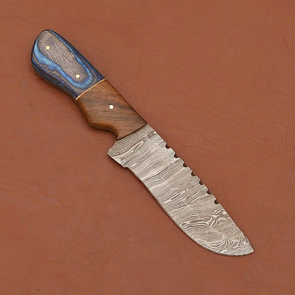 Custom Handmade Forged Damascus Steel Skinner Hunting Camping Knife with Wood Handle