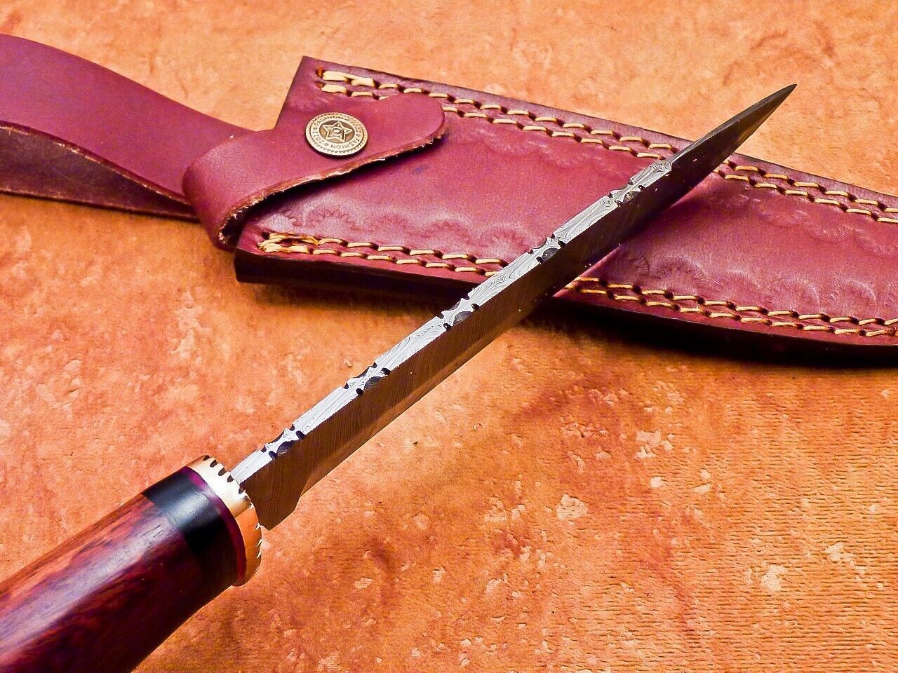 12" Damascus Steel Bowie Knife – Natural Wood Handle
