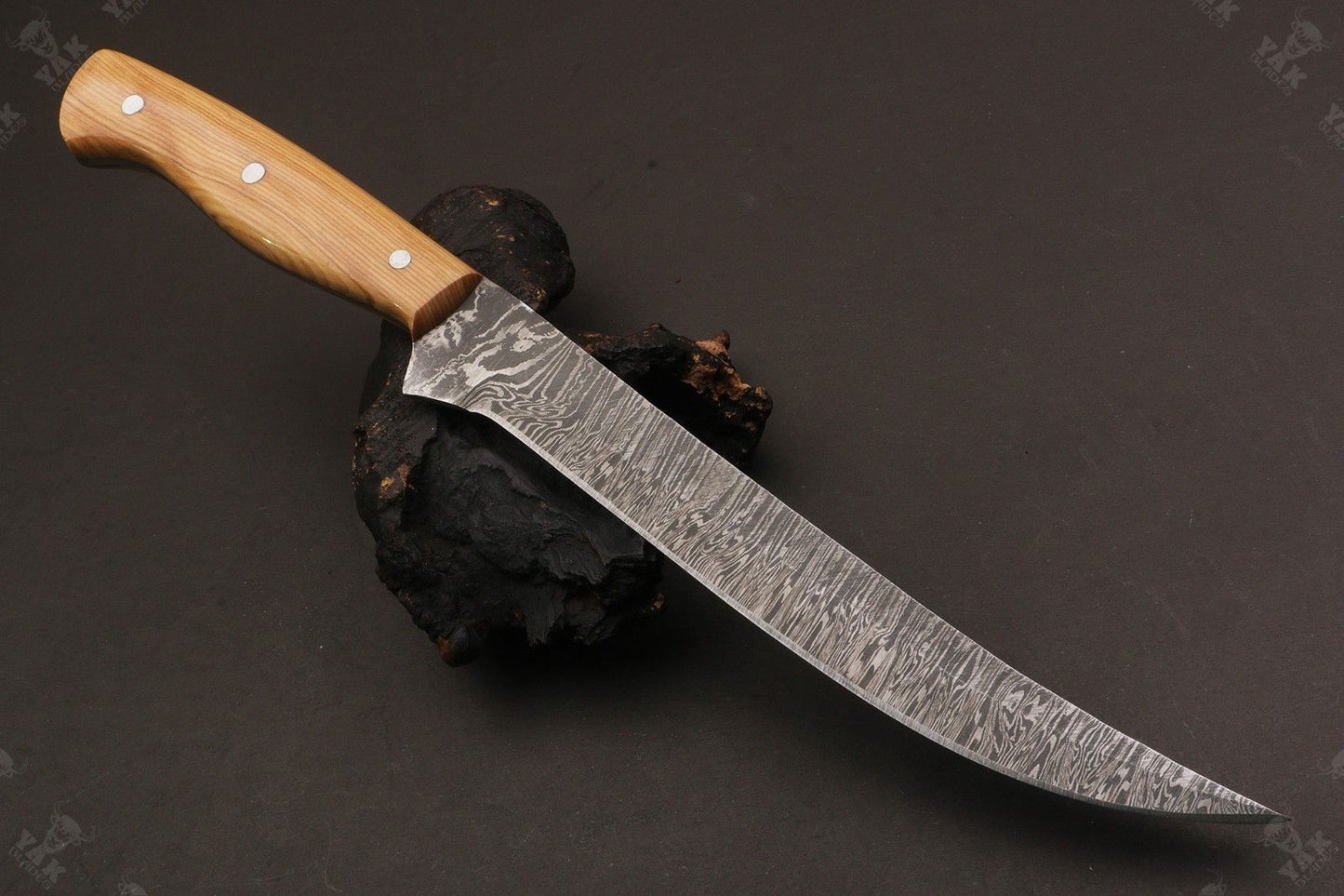 14" Custom Handmade Damascus Fillet Knife Fire Damascus Steel Fillet Knife W/Sheath