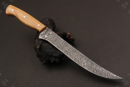 14" Custom Handmade Damascus Fillet Knife Fire Damascus Steel Fillet Knife W/Sheath