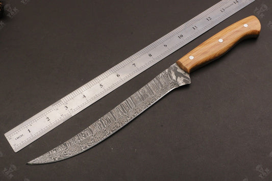 14" Custom Handmade Damascus Fillet Knife Fire Damascus Steel Fillet Knife W/Sheath