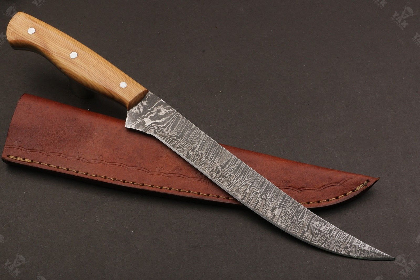 14" Custom Handmade Damascus Fillet Knife Fire Damascus Steel Fillet Knife W/Sheath