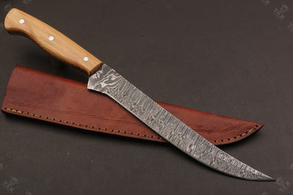 14" Custom Handmade Damascus Fillet Knife Fire Damascus Steel Fillet Knife W/Sheath