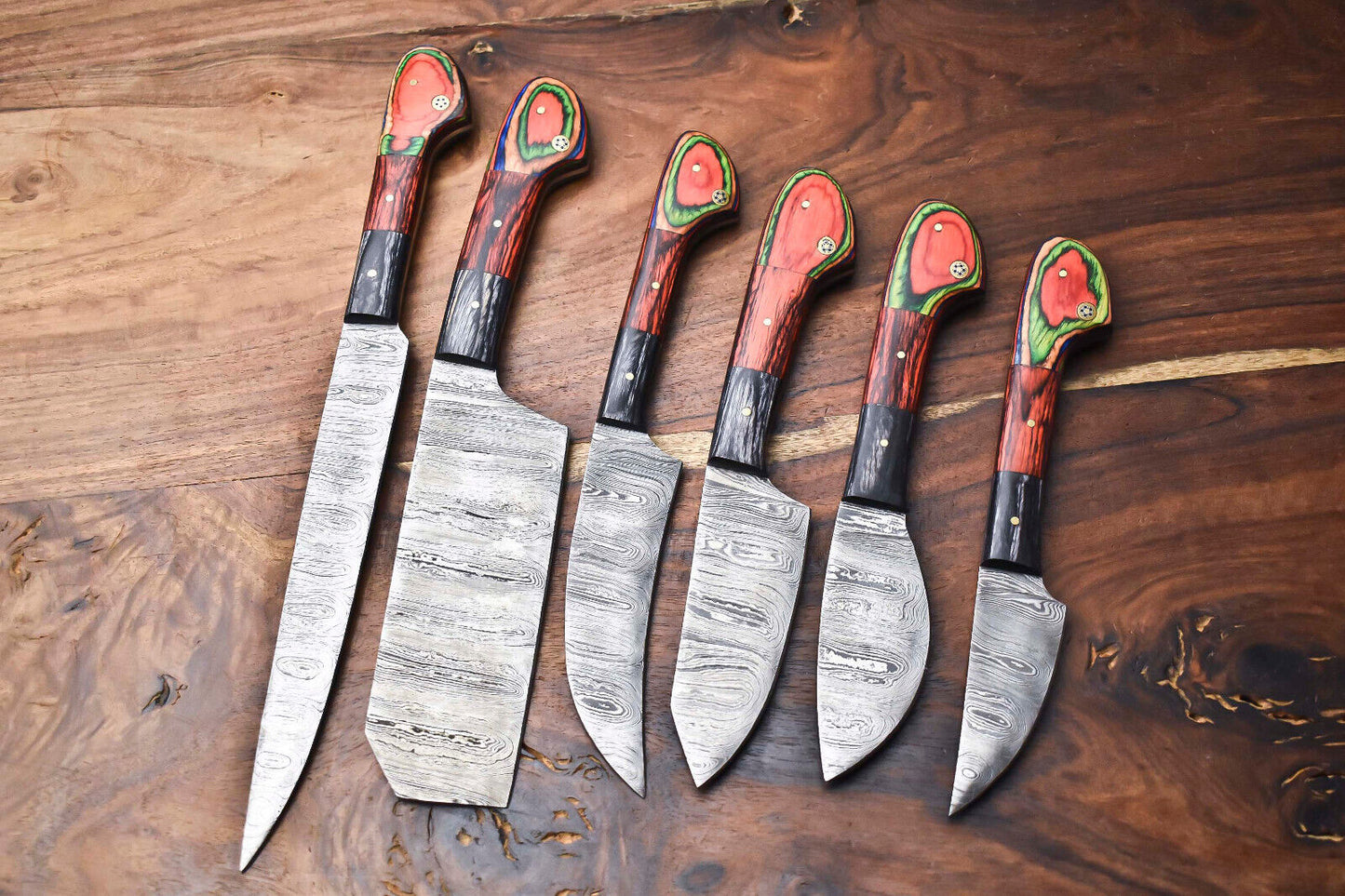 Custom Lot of 6 Handmade Hammered Damascus Steel Chef Knives – Full Tang, Handcrafted