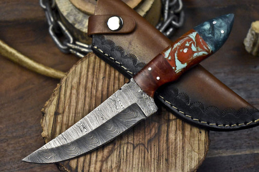 Handmade Twist Damascus Skinner Knife with Corian Handle and Wooden Bolster – EDC Hunting Blade