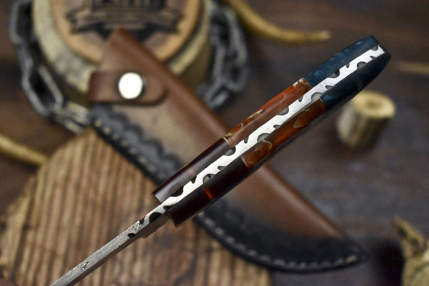 Handmade Twist Damascus Skinner Knife with Corian Handle and Wooden Bolster – EDC Hunting Blade