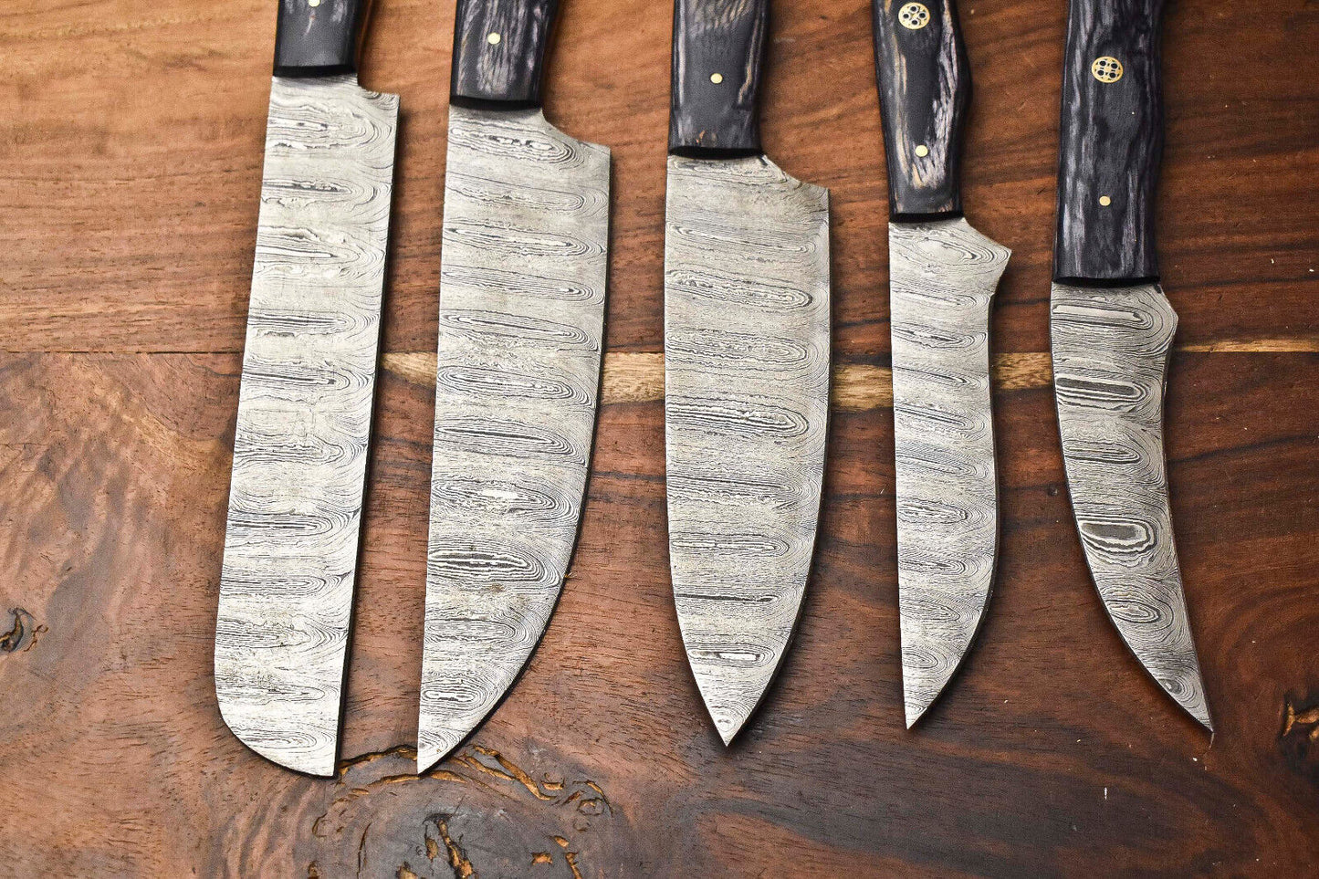 Custom Lot of 5 Handmade Hammered Damascus Steel Blade Chef Set