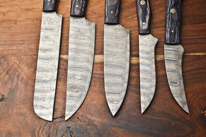 Custom Lot of 5 Handmade Hammered Damascus Steel Blade Chef Set