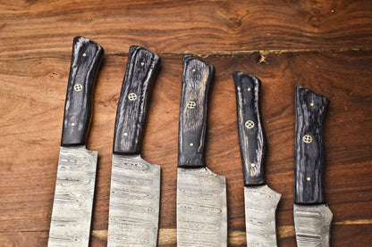 Custom Lot of 5 Handmade Hammered Damascus Steel Blade Chef Set