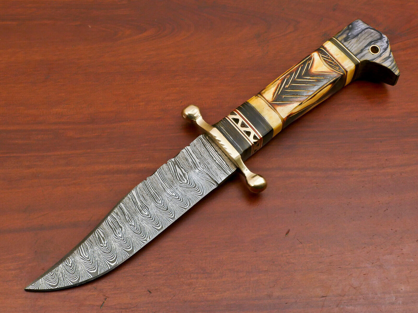 Damascus Steel Knife with Camel Bone and Pakka Wood Handle Full Tang Blade
