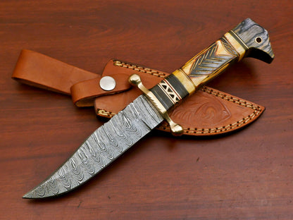 Damascus Steel Knife with Camel Bone and Pakka Wood Handle Full Tang Blade