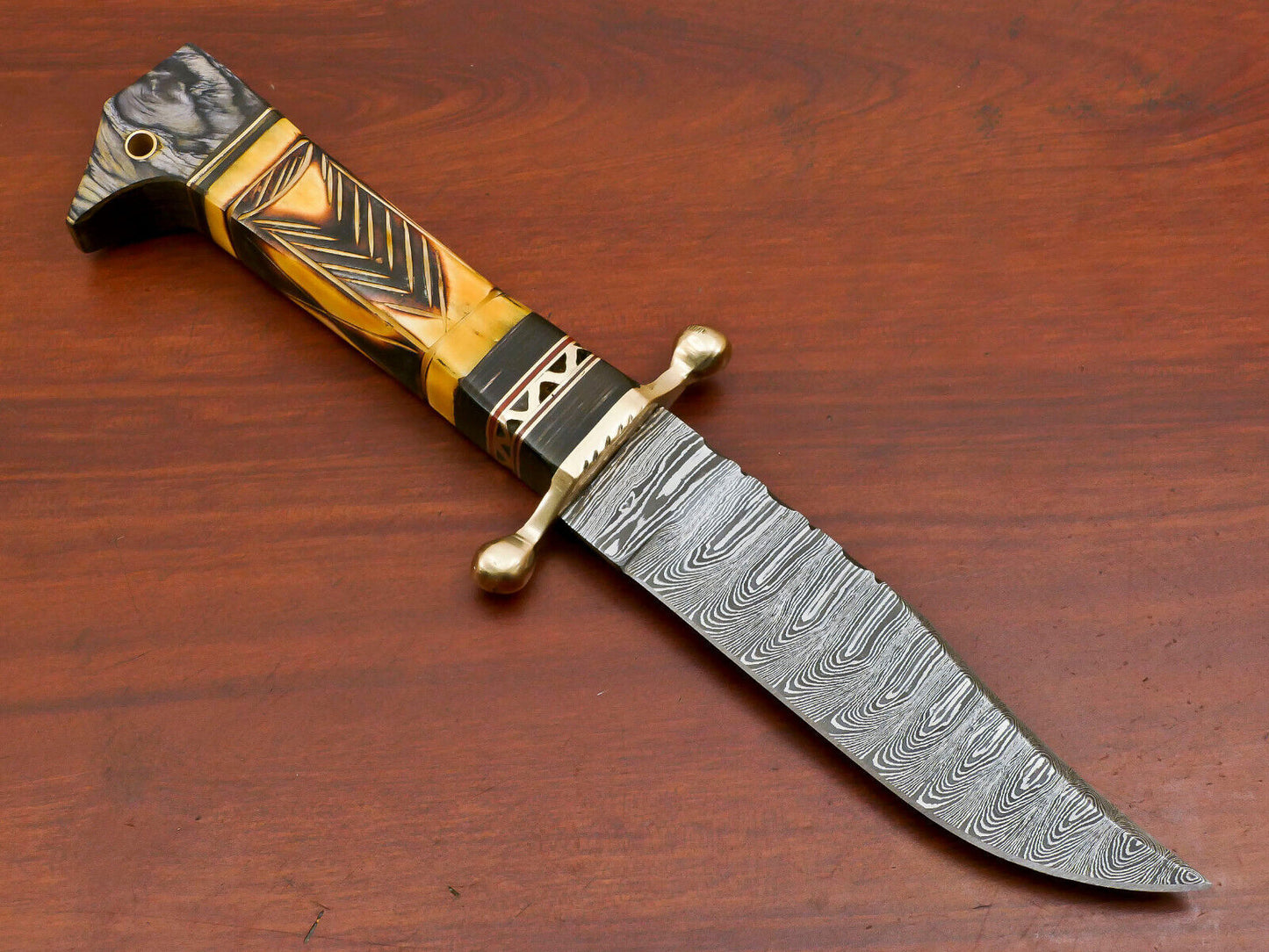 Damascus Steel Knife with Camel Bone and Pakka Wood Handle Full Tang Blade