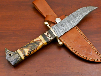 Damascus Steel Knife with Camel Bone and Pakka Wood Handle Full Tang Blade