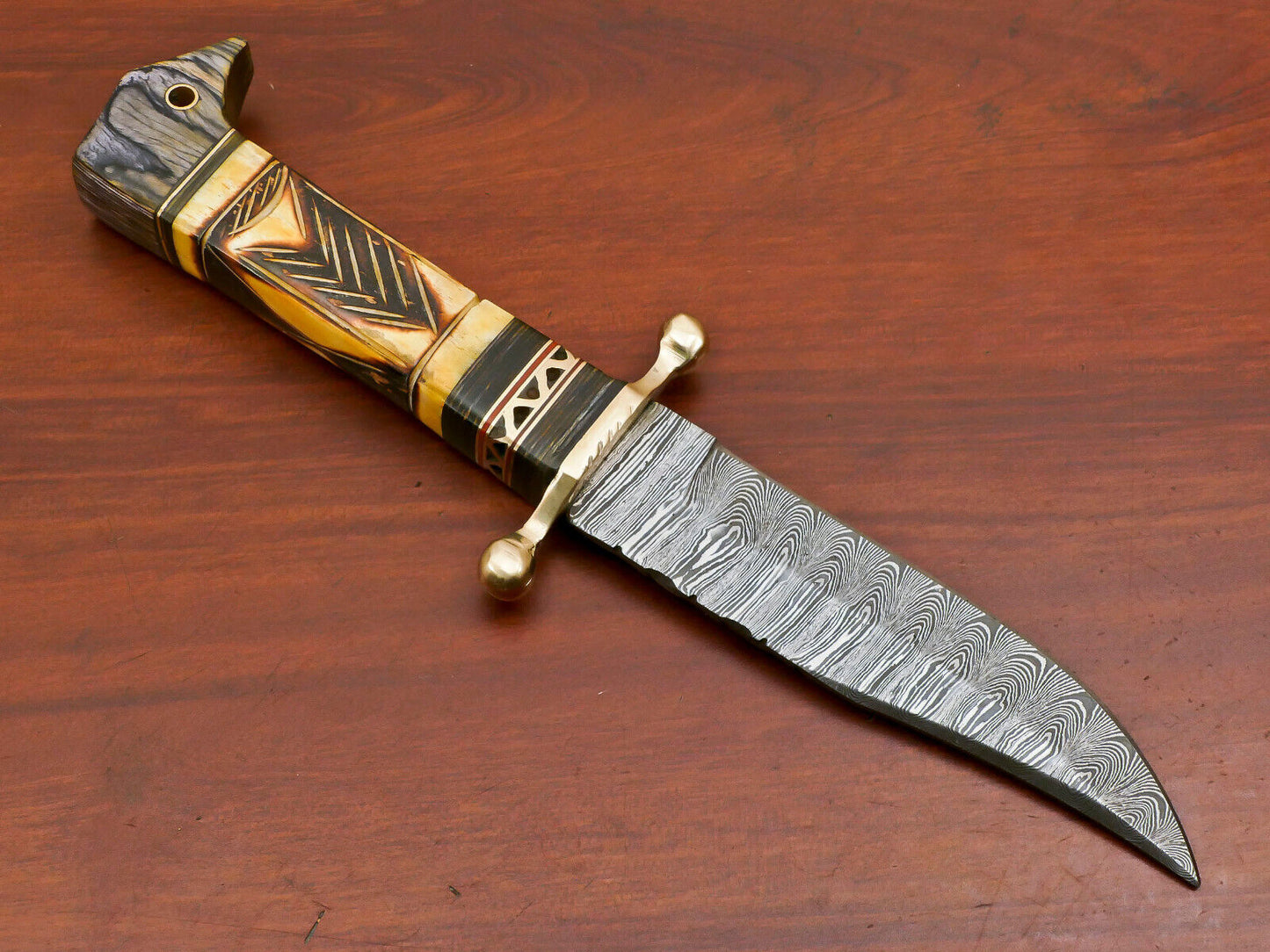 Damascus Steel Knife with Camel Bone and Pakka Wood Handle Full Tang Blade