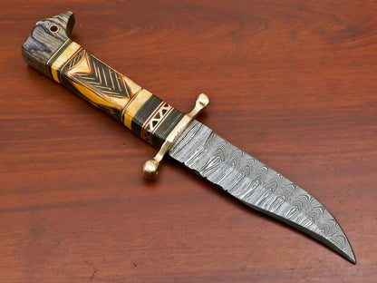 Damascus Steel Knife with Camel Bone and Pakka Wood Handle Full Tang Blade