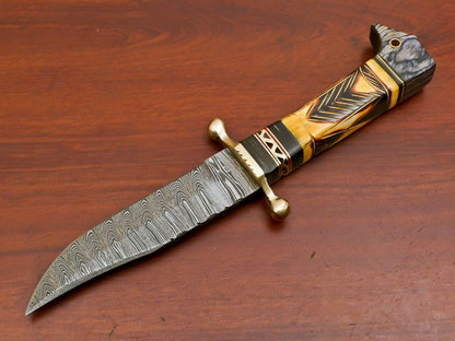 Damascus Steel Knife with Camel Bone and Pakka Wood Handle Full Tang Blade