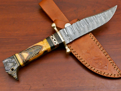 Damascus Steel Knife with Camel Bone and Pakka Wood Handle Full Tang Blade