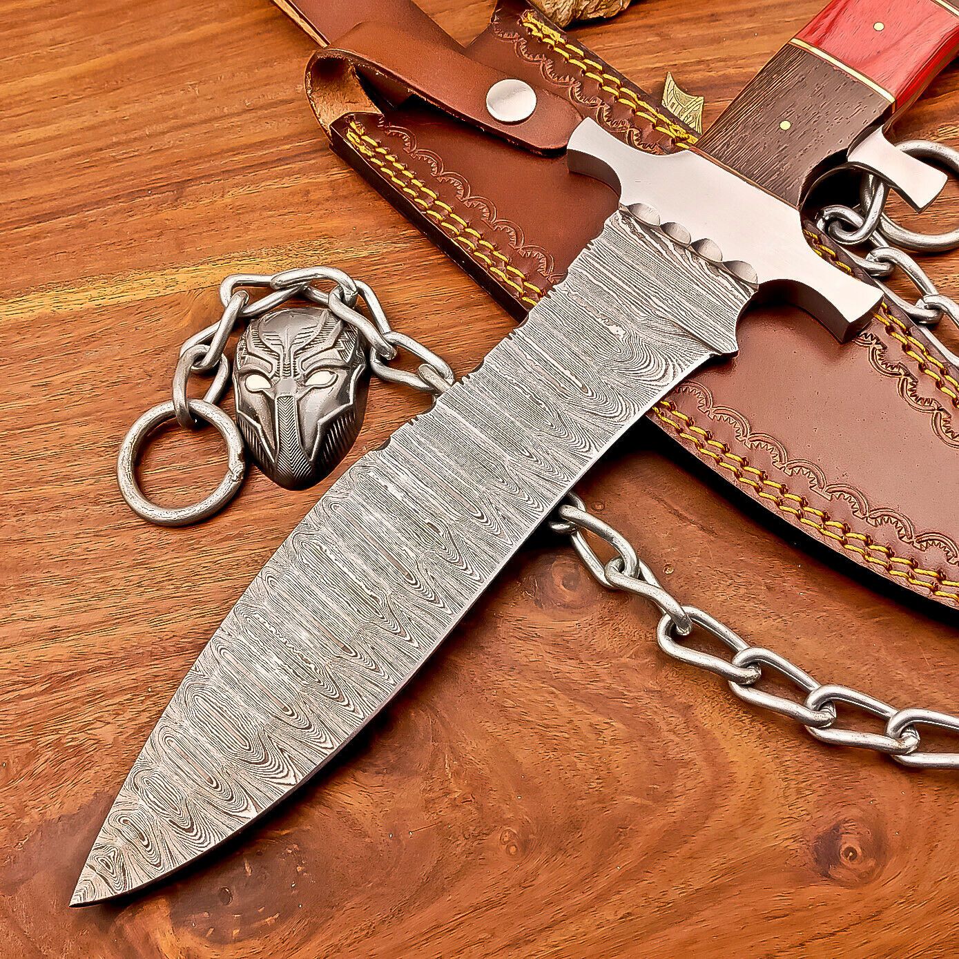 15 Inch Damascus Steel Bowie Knife with Wood and Resin Handle and Leather Sheath