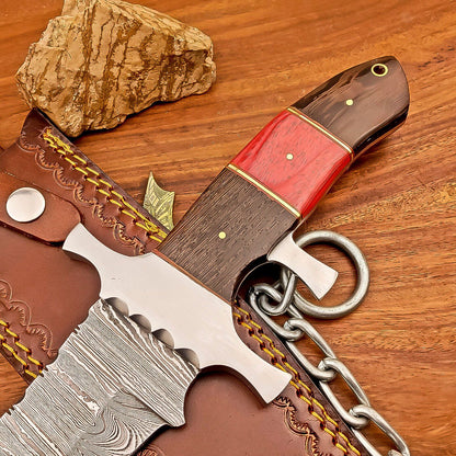 15 Inch Damascus Steel Bowie Knife with Wood and Resin Handle and Leather Sheath
