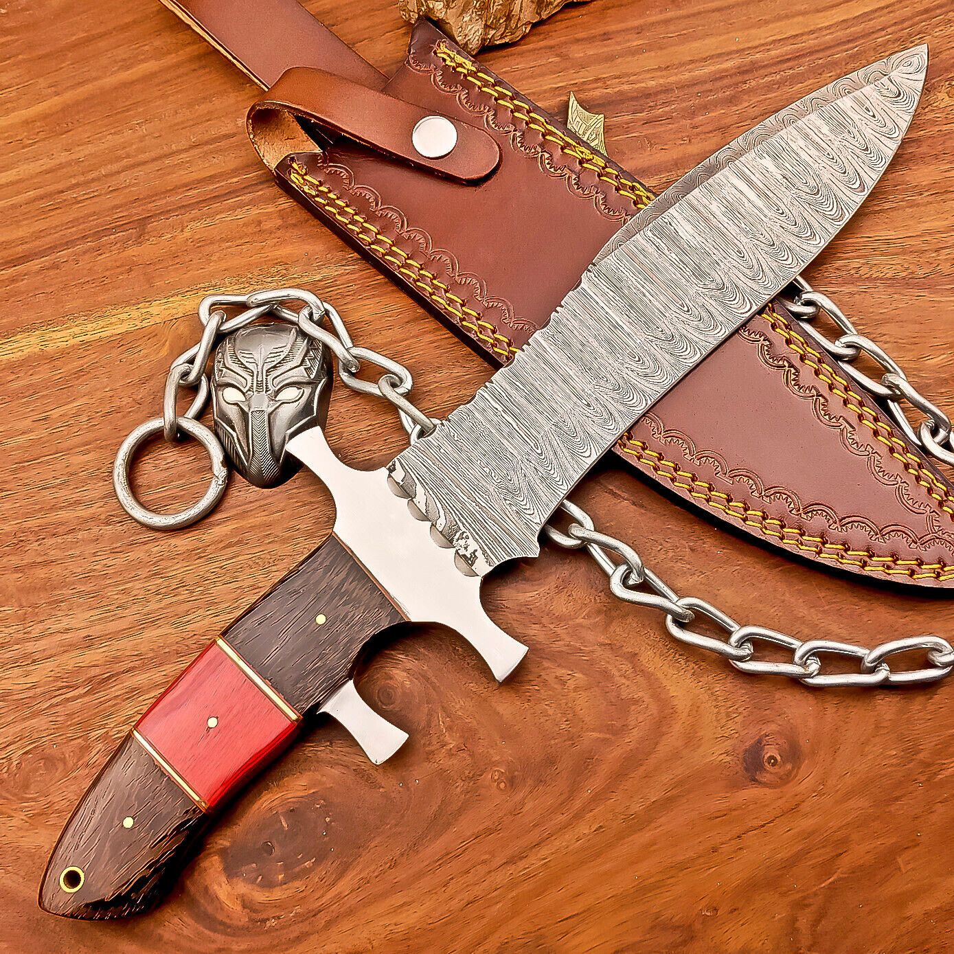 15 Inch Damascus Steel Bowie Knife with Wood and Resin Handle and Leather Sheath