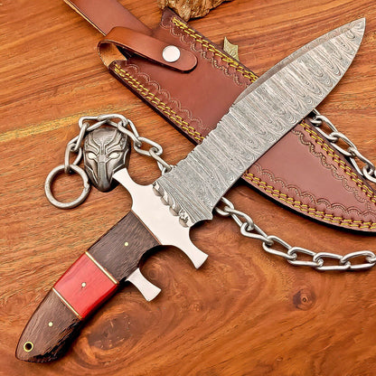 15 Inch Damascus Steel Bowie Knife with Wood and Resin Handle and Leather Sheath