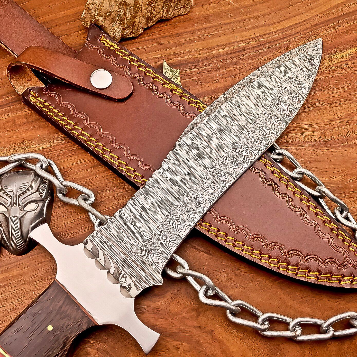 15 Inch Damascus Steel Bowie Knife with Wood and Resin Handle and Leather Sheath