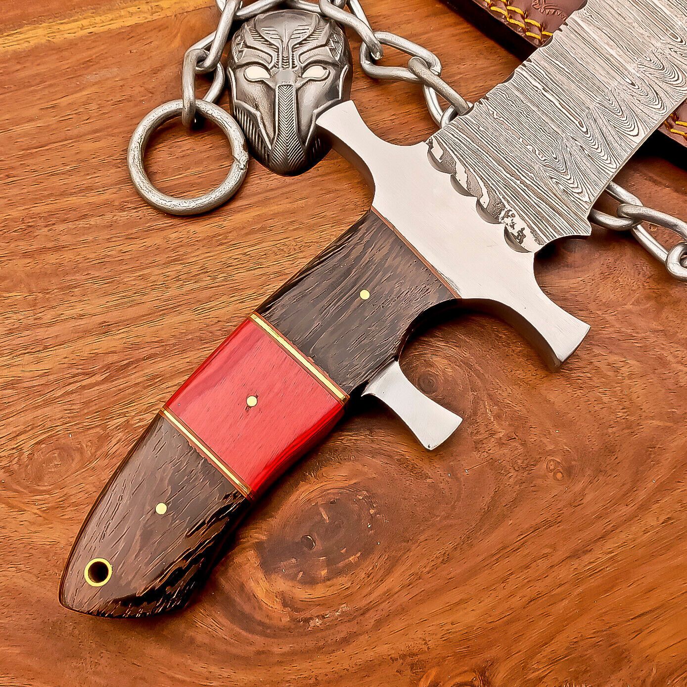 15 Inch Damascus Steel Bowie Knife with Wood and Resin Handle and Leather Sheath
