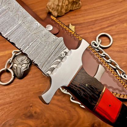 15 Inch Damascus Steel Bowie Knife with Wood and Resin Handle and Leather Sheath