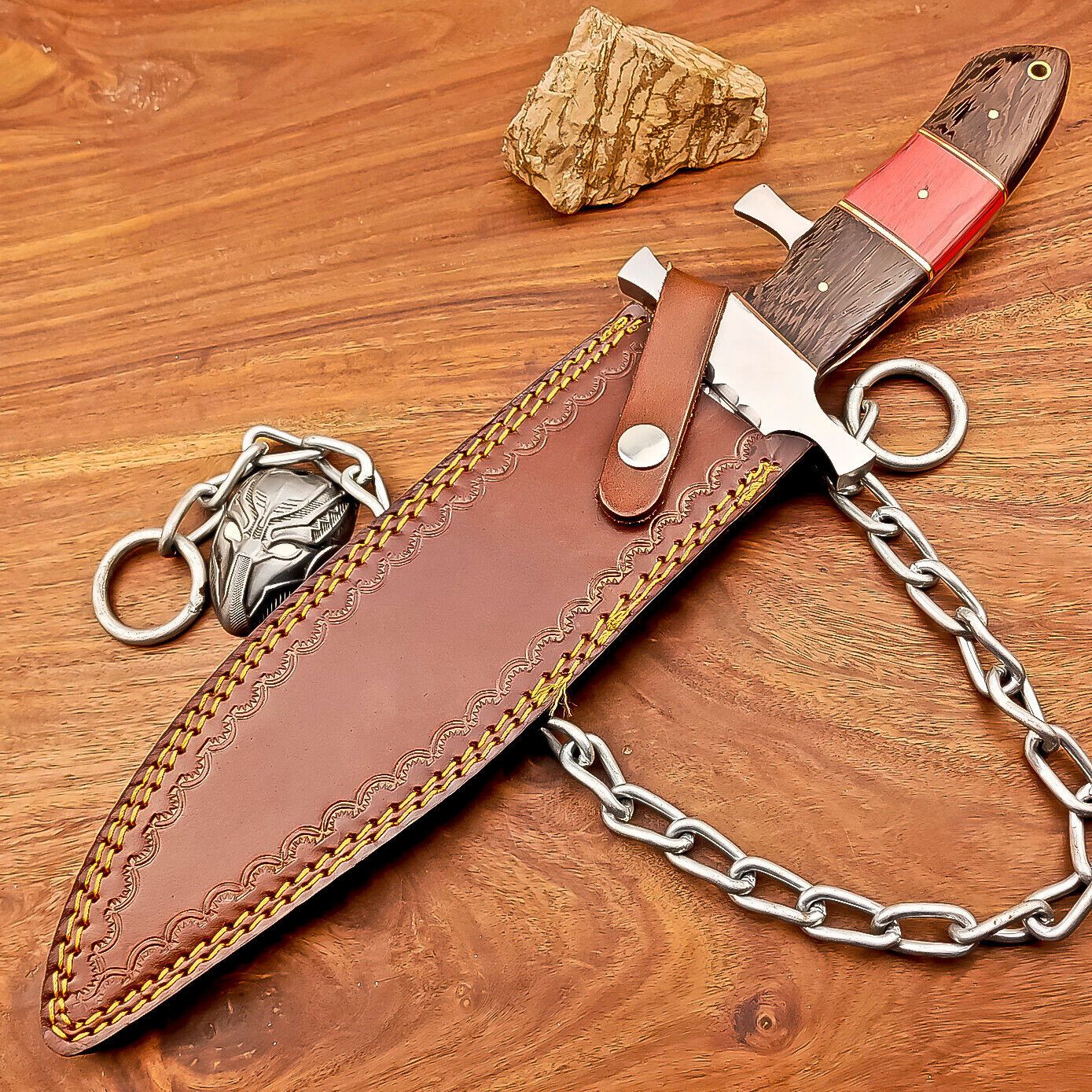 15 Inch Damascus Steel Bowie Knife with Wood and Resin Handle and Leather Sheath