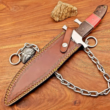 15 Inch Damascus Steel Bowie Knife with Wood and Resin Handle and Leather Sheath