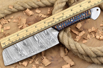 Custom Handmade Forged Damascus Steel Kitchen Chef Knife with Blue & Brown Dollar Handle and Leather Sheath