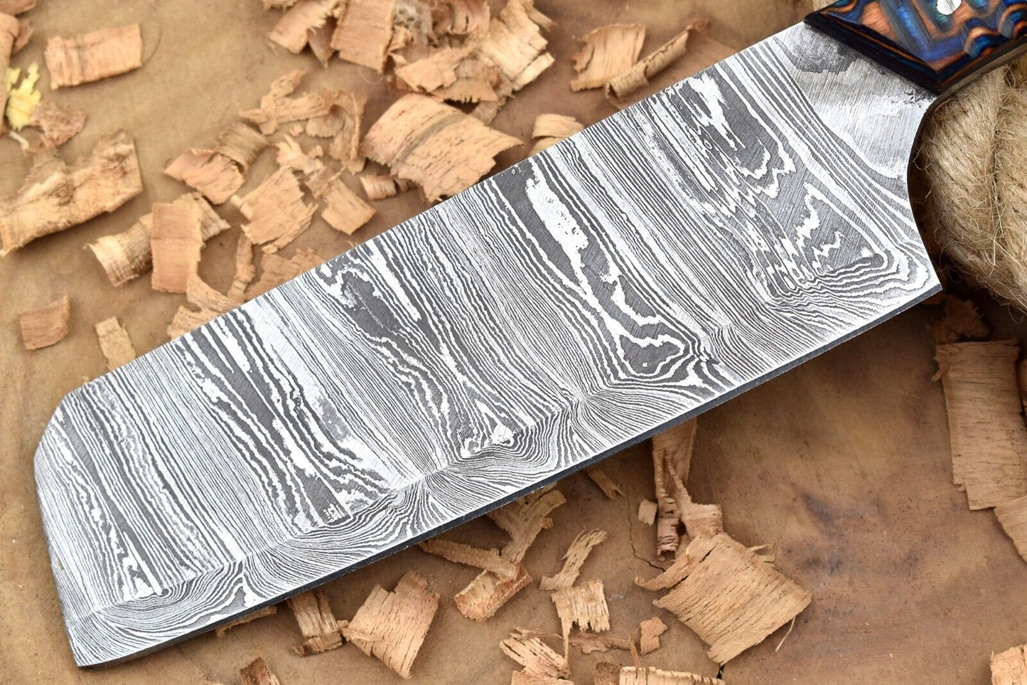 Custom Handmade Forged Damascus Steel Kitchen Chef Knife with Blue & Brown Dollar Handle and Leather Sheath
