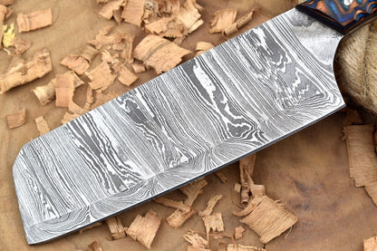 Custom Handmade Forged Damascus Steel Kitchen Chef Knife with Blue & Brown Dollar Handle and Leather Sheath