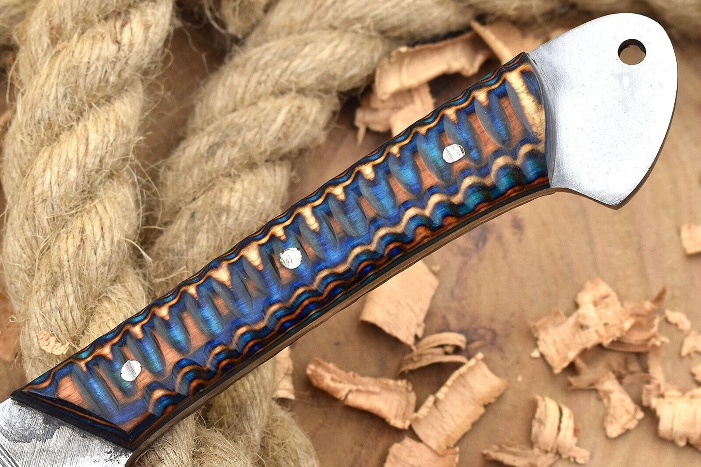 Custom Handmade Forged Damascus Steel Kitchen Chef Knife with Blue & Brown Dollar Handle and Leather Sheath