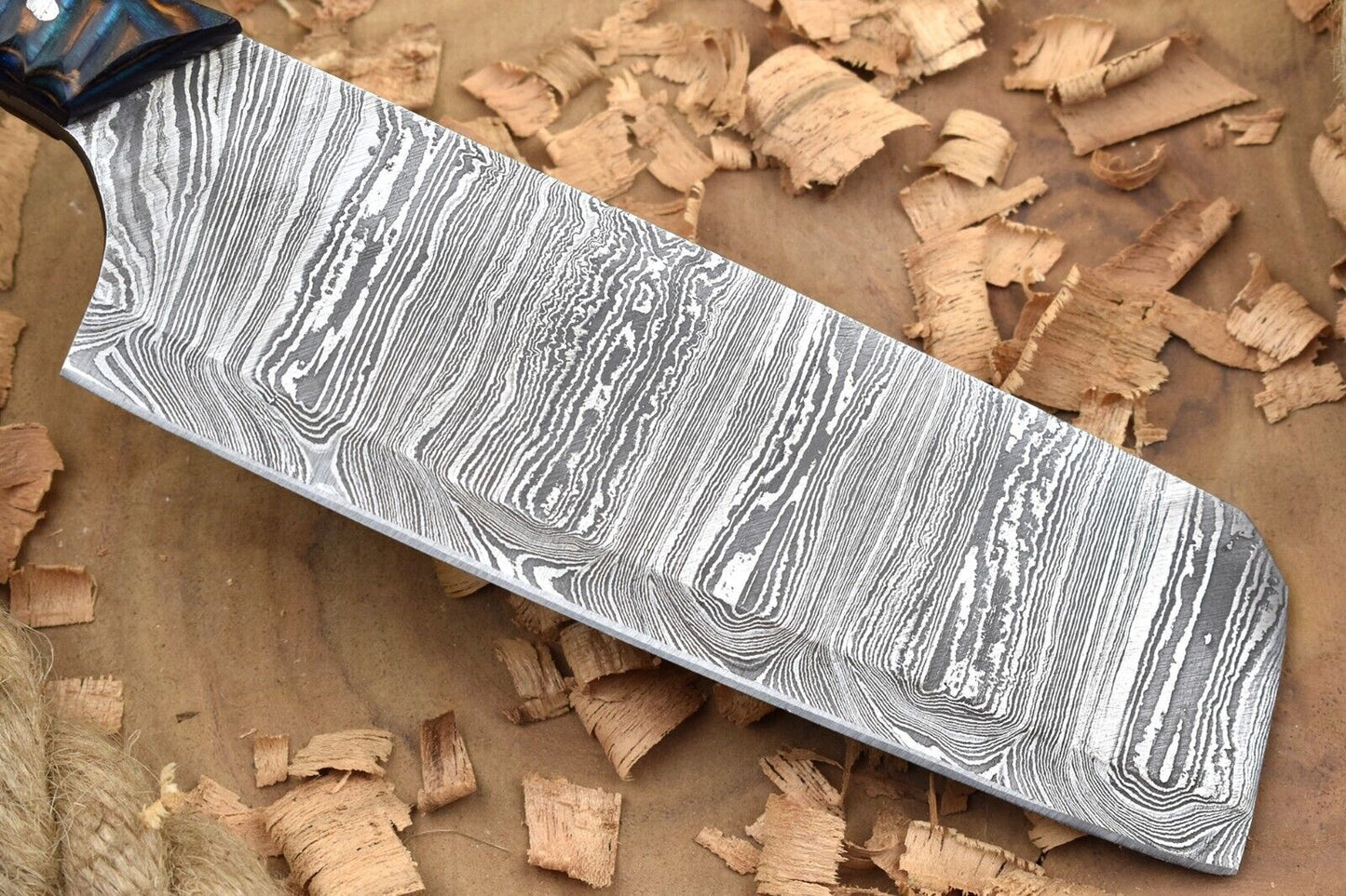 Custom Handmade Forged Damascus Steel Kitchen Chef Knife with Blue & Brown Dollar Handle and Leather Sheath