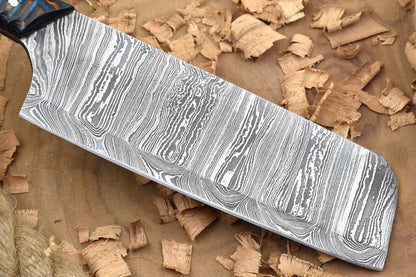 Custom Handmade Forged Damascus Steel Kitchen Chef Knife with Blue & Brown Dollar Handle and Leather Sheath