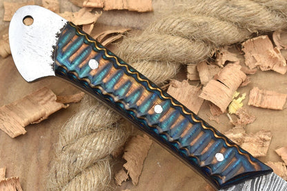 Custom Handmade Forged Damascus Steel Kitchen Chef Knife with Blue & Brown Dollar Handle and Leather Sheath