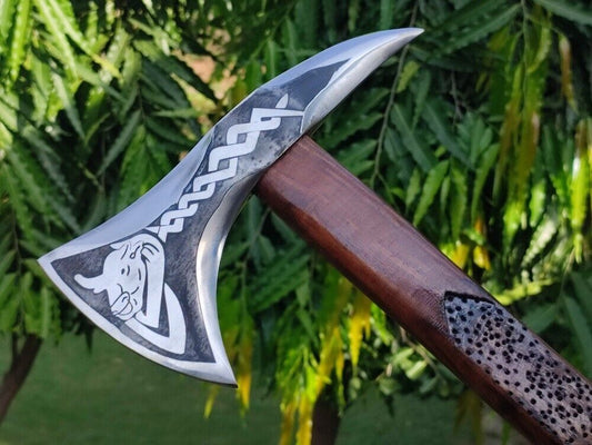 Handmade Rare Art Carbon Steel Viking Throwing Axe with Carved Ashwood Handle and Leather Sheath