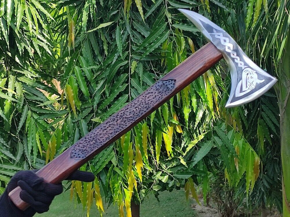 Handmade Rare Art Carbon Steel Viking Throwing Axe with Carved Ashwood Handle and Leather Sheath