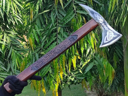 Handmade Rare Art Carbon Steel Viking Throwing Axe with Carved Ashwood Handle and Leather Sheath