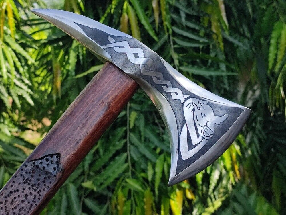 Handmade Rare Art Carbon Steel Viking Throwing Axe with Carved Ashwood Handle and Leather Sheath