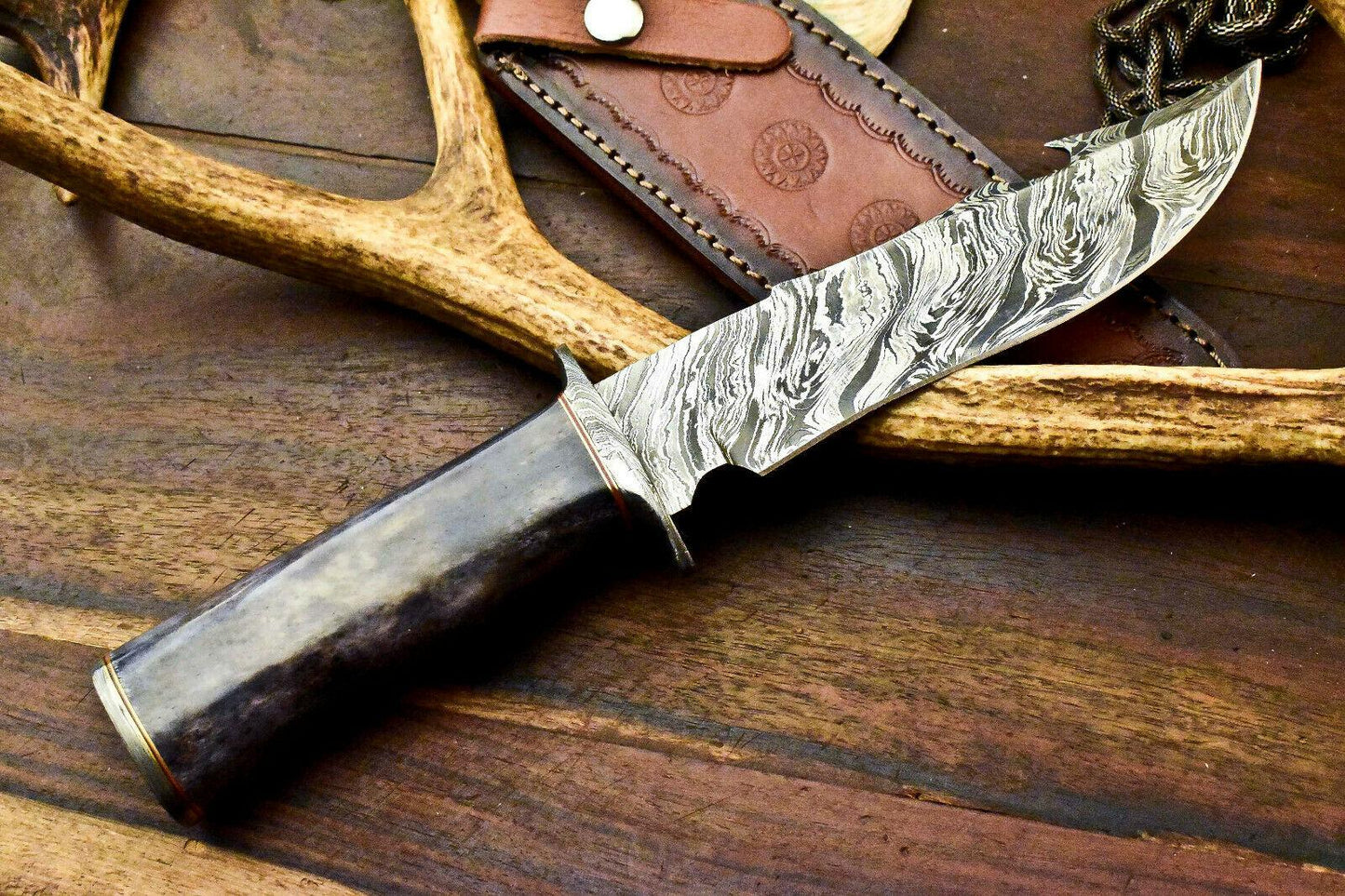 12" Damascus Steel Bowie Knife – Stained Camel Bone Handle