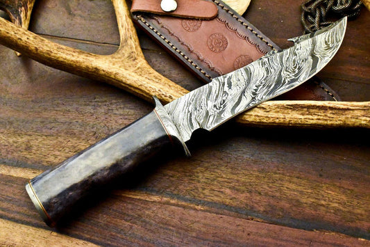 12.0" Handmade Damascus Bowie Knife Damascus Steel Knife With Stained Camel Bone Handle