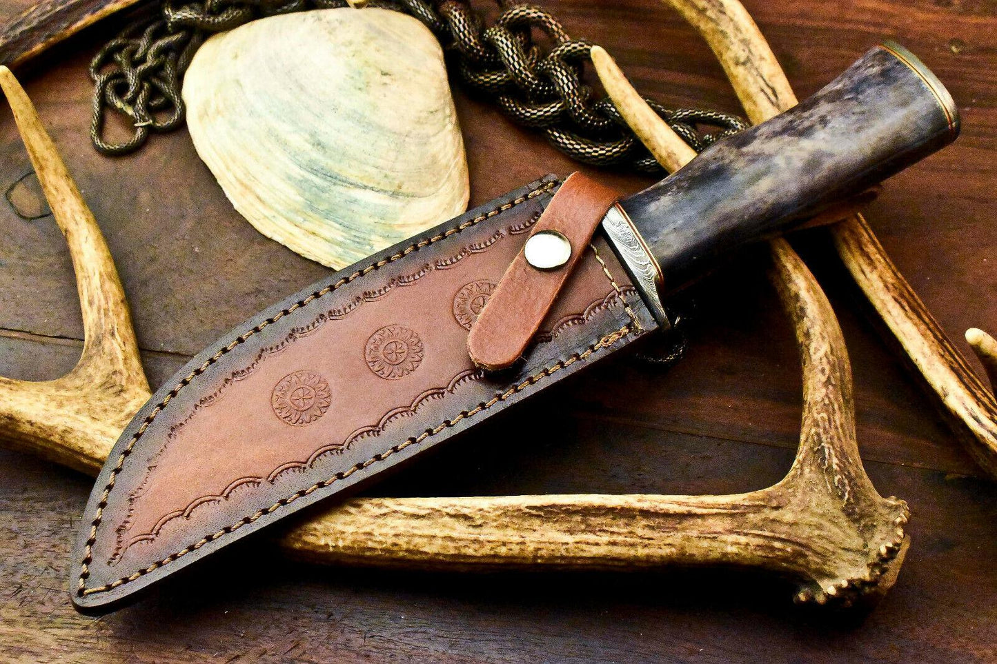 12" Damascus Steel Bowie Knife – Stained Camel Bone Handle