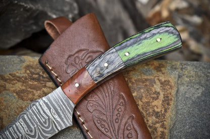 Twist Damascus Skinner Knife with Hardwood Handle – Handmade 8" Fixed Blade Hunting Gift Knife