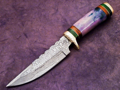 Heritage Forge 10 Inch Damascus Steel Camping Hunting Knife with Camel Bone and Hardwood Handle