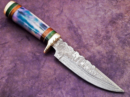 Heritage Forge 10 Inch Damascus Steel Camping Hunting Knife with Camel Bone and Hardwood Handle