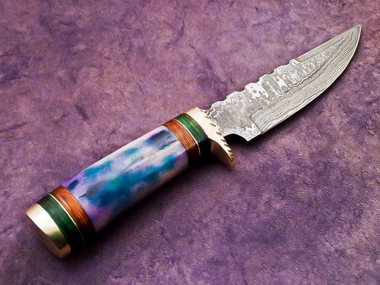 Heritage Forge 10 Inch Damascus Steel Camping Hunting Knife with Camel Bone and Hardwood Handle